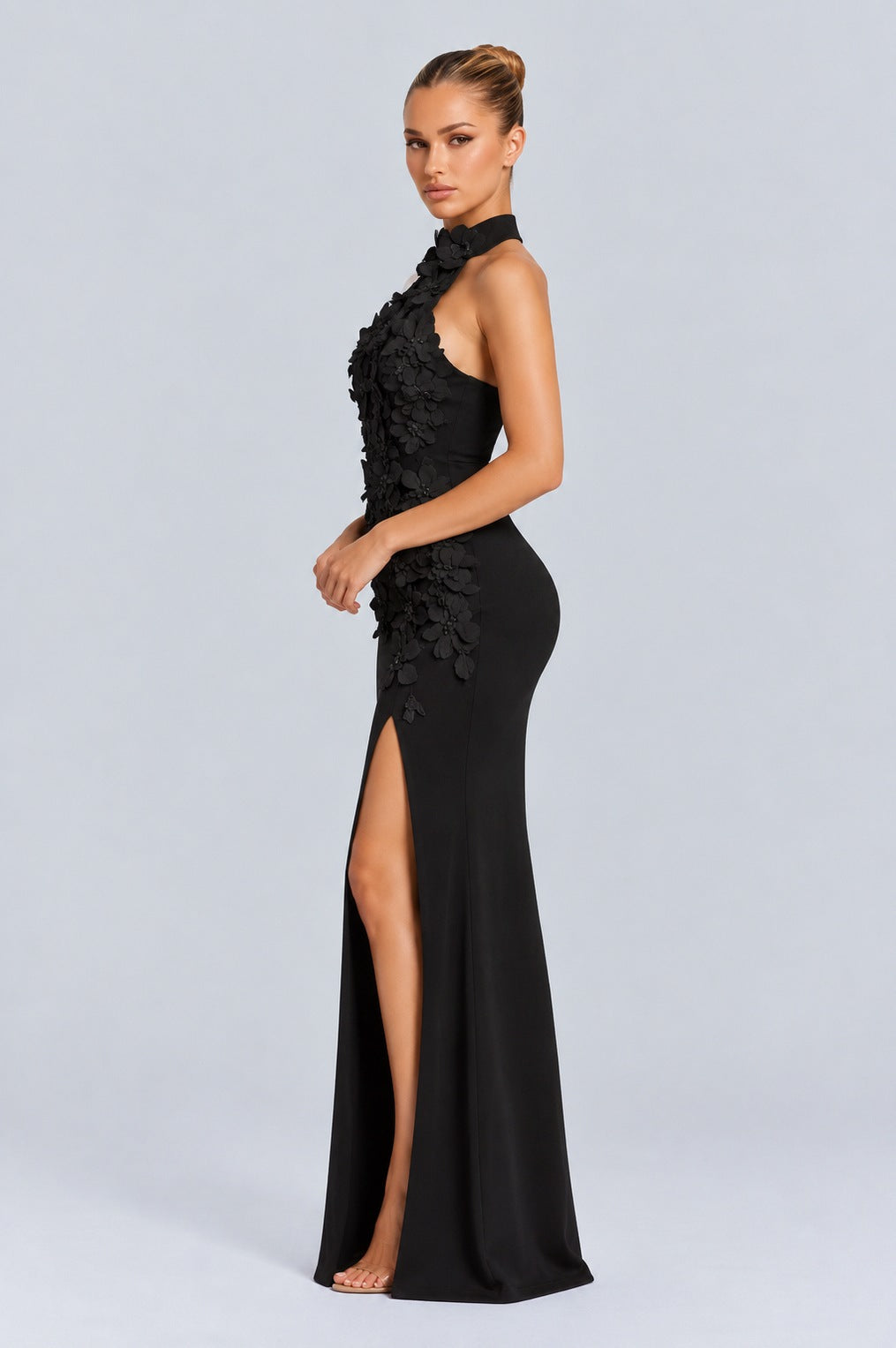 Crepe Applique Cutout Maxi Dress