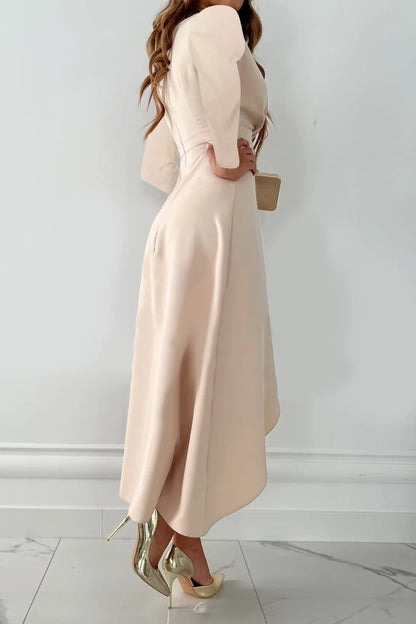 Beige - Light beige long-sleeve crepe midi dress featuring a surplice V-neckline, banded waist, and an asymmetric high-low hemline.