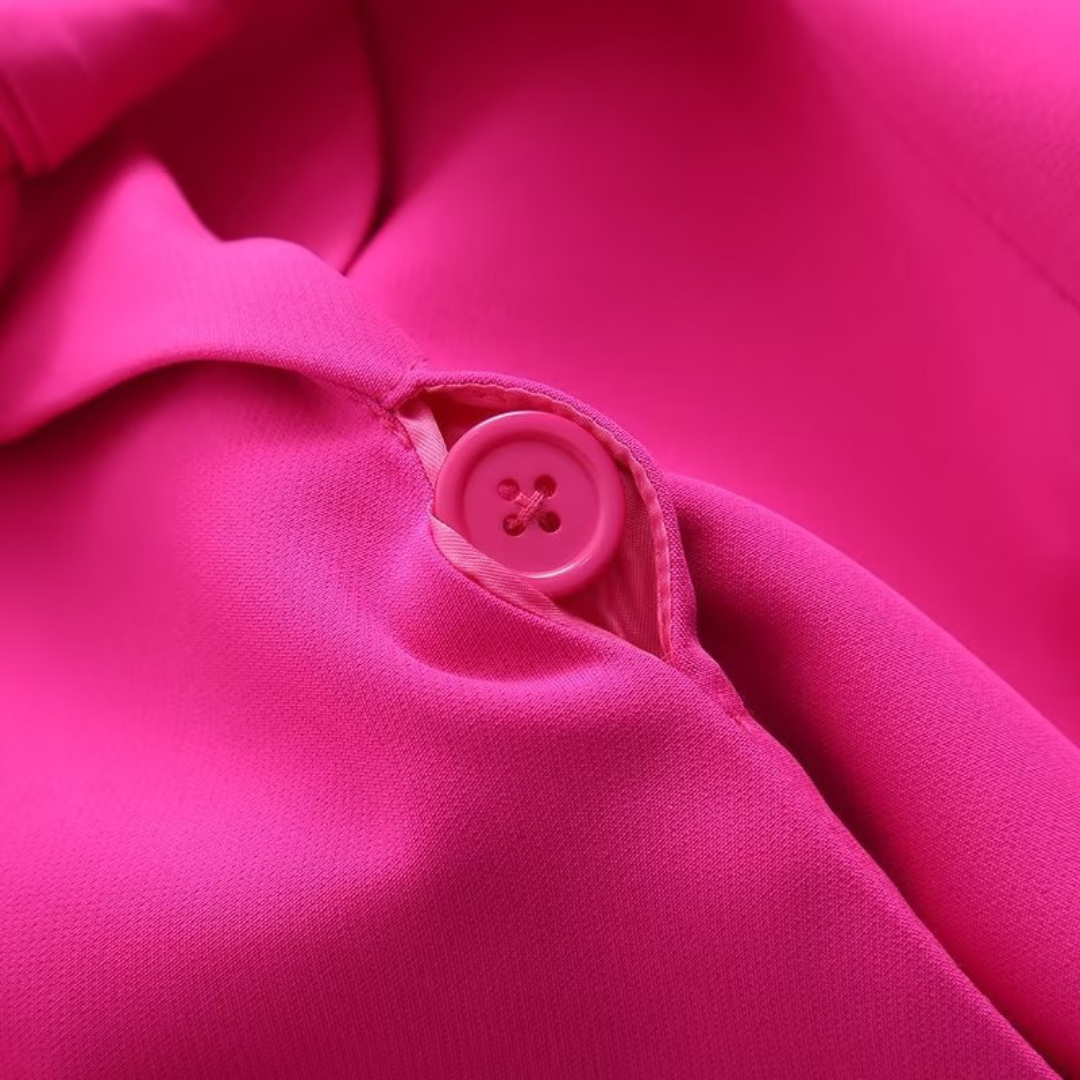 Hot Pink - Beige crepe tailored blazer featuring a shawl collar, welt pockets, and a self-tie waist belt.
