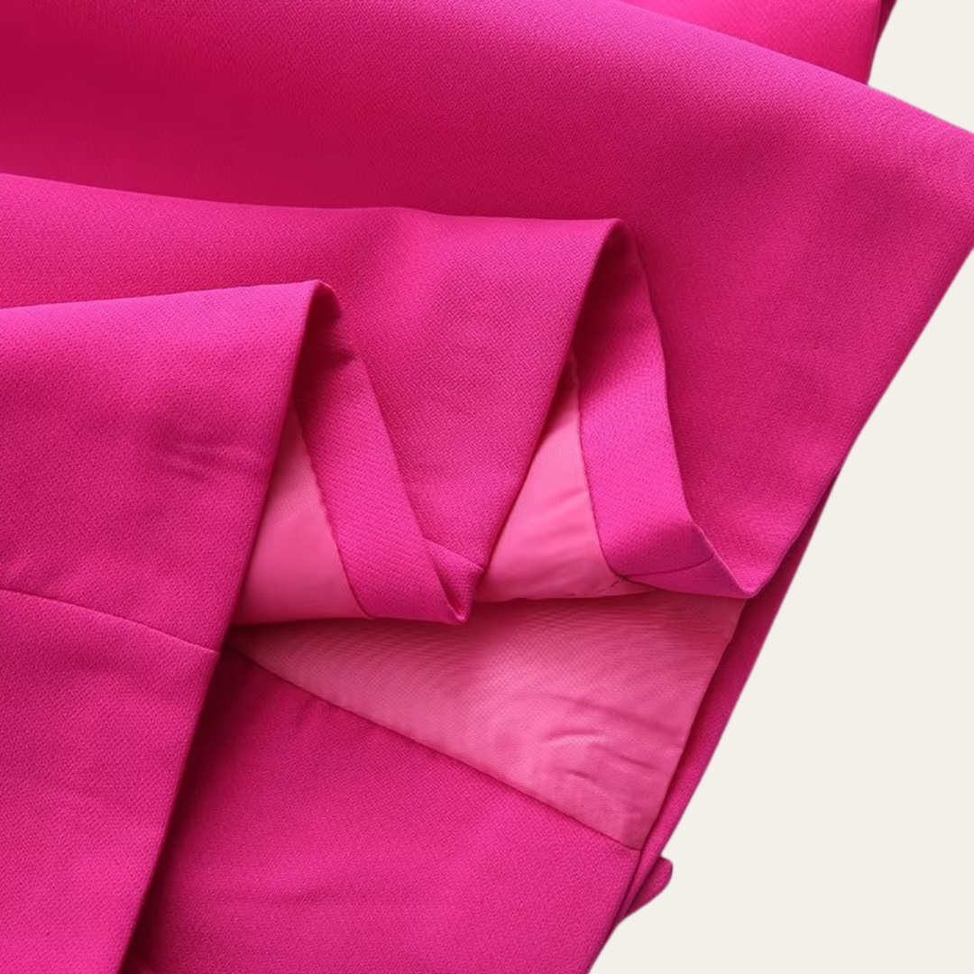 Hot Pink - Beige crepe tailored blazer featuring a shawl collar, welt pockets, and a self-tie waist belt.
