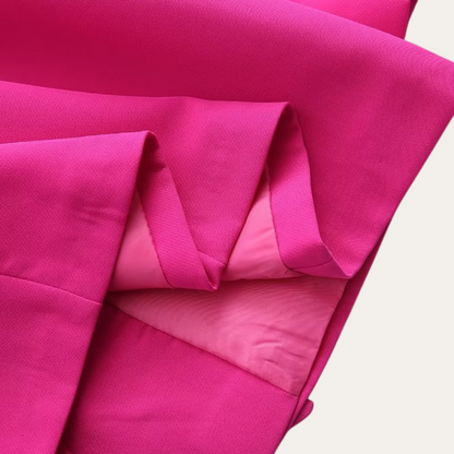 Hot Pink - Beige crepe tailored blazer featuring a shawl collar, welt pockets, and a self-tie waist belt.