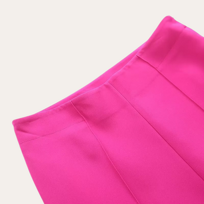 Hot Pink - Beige crepe tailored blazer featuring a shawl collar, welt pockets, and a self-tie waist belt.