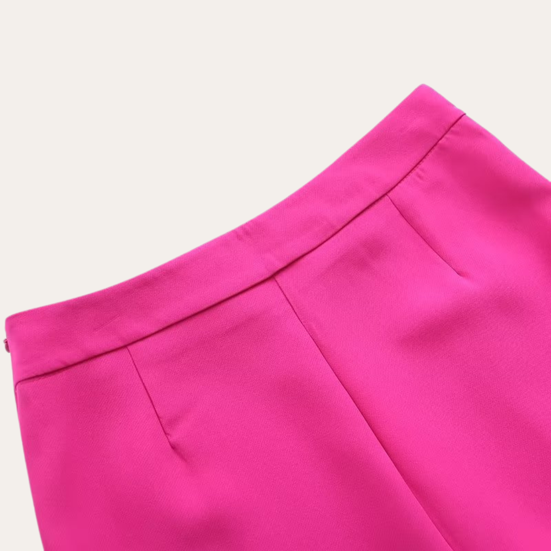 Hot Pink - Beige crepe tailored blazer featuring a shawl collar, welt pockets, and a self-tie waist belt.