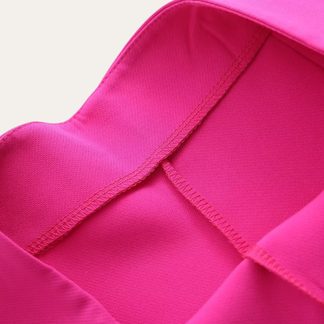 Hot Pink - Beige crepe tailored blazer featuring a shawl collar, welt pockets, and a self-tie waist belt.