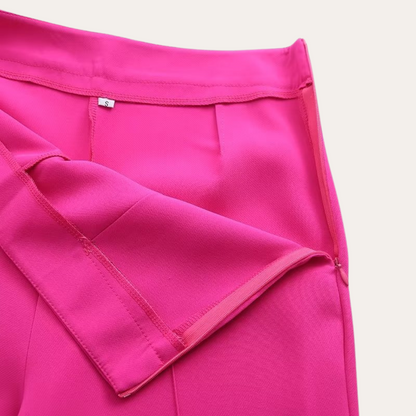 Hot Pink - Beige crepe tailored blazer featuring a shawl collar, welt pockets, and a self-tie waist belt.