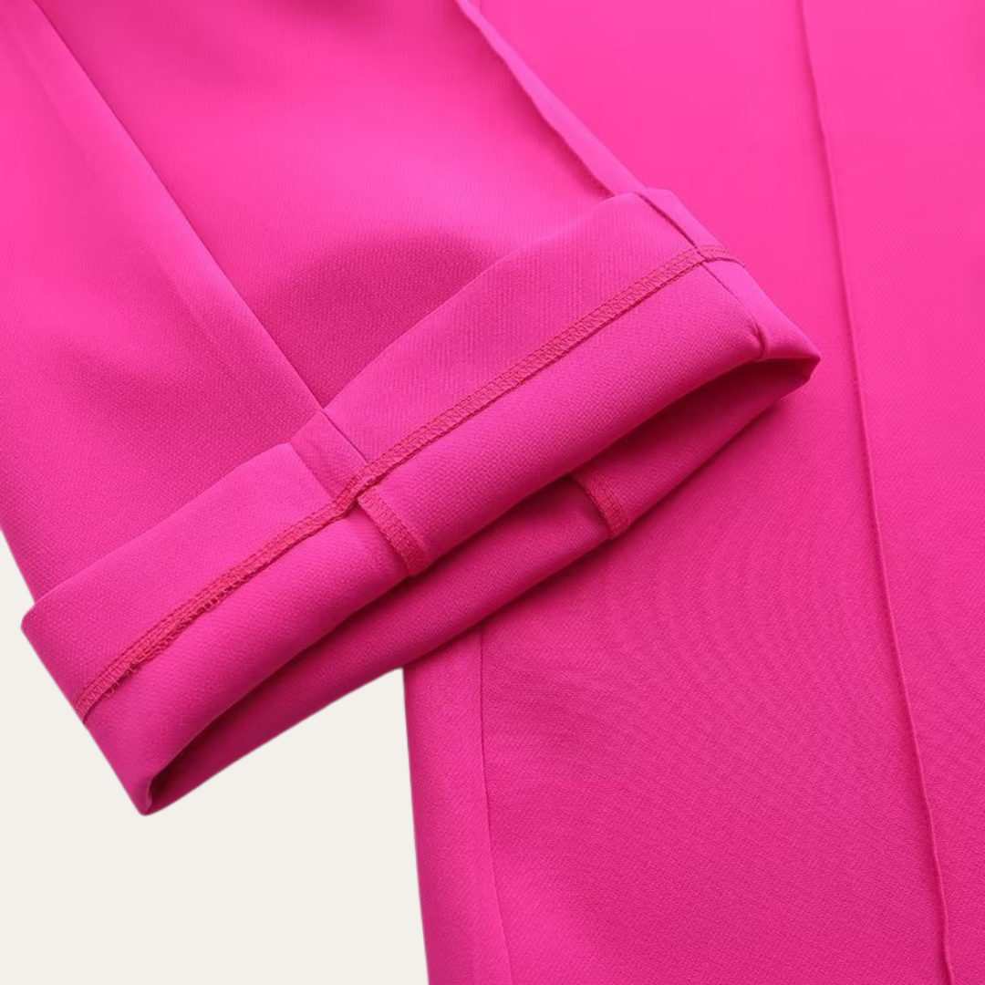 Hot Pink - Beige crepe tailored blazer featuring a shawl collar, welt pockets, and a self-tie waist belt.