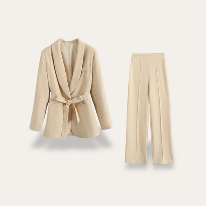 Beige - Beige crepe tailored blazer featuring a shawl collar, welt pockets, and a self-tie waist belt.