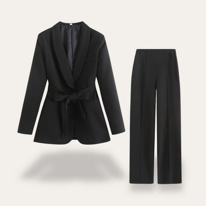 Black - Beige crepe tailored blazer featuring a shawl collar, welt pockets, and a self-tie waist belt.