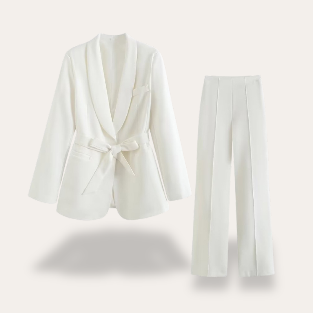 White - Beige crepe tailored blazer featuring a shawl collar, welt pockets, and a self-tie waist belt.