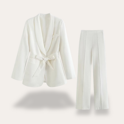 White - Beige crepe tailored blazer featuring a shawl collar, welt pockets, and a self-tie waist belt.