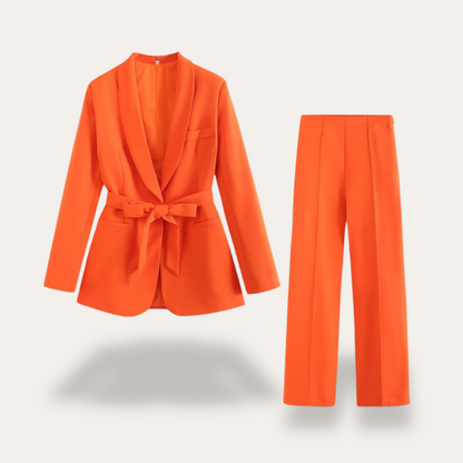 Orange - Beige crepe tailored blazer featuring a shawl collar, welt pockets, and a self-tie waist belt.