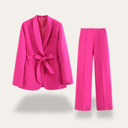 Hot Pink - Beige crepe tailored blazer featuring a shawl collar, welt pockets, and a self-tie waist belt.