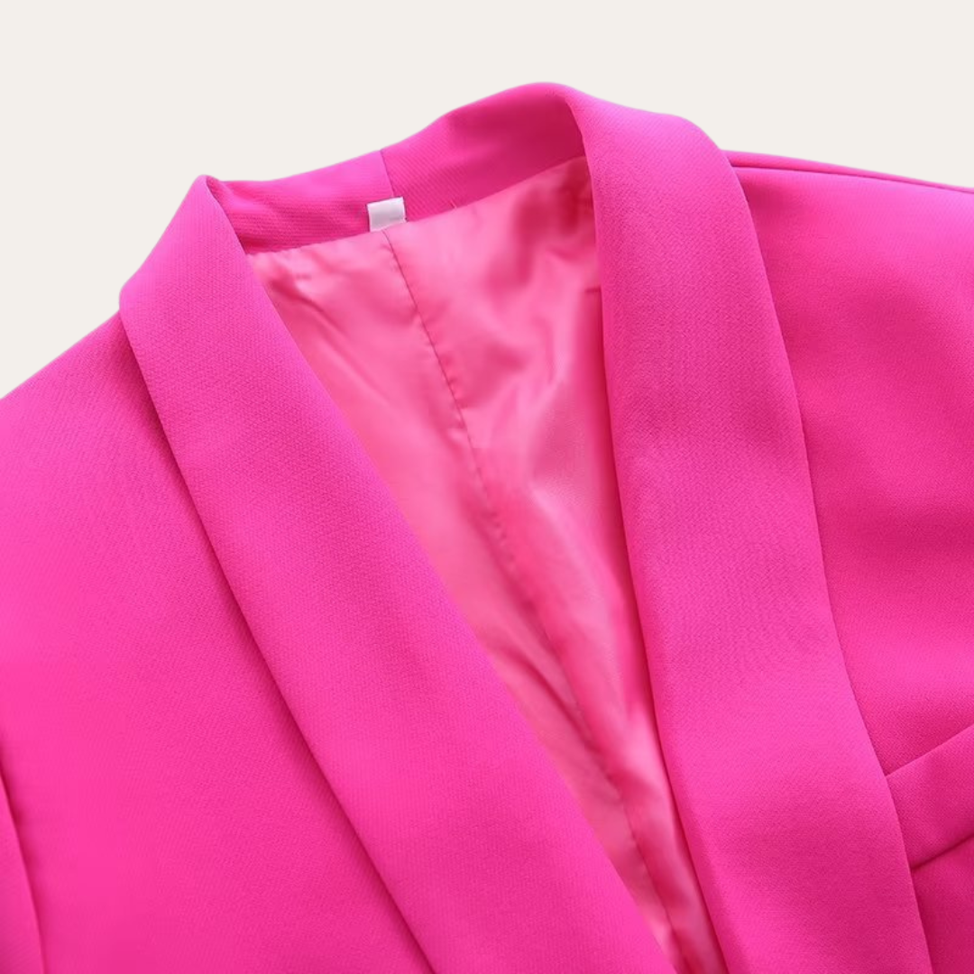 Hot Pink - Beige crepe tailored blazer featuring a shawl collar, welt pockets, and a self-tie waist belt.