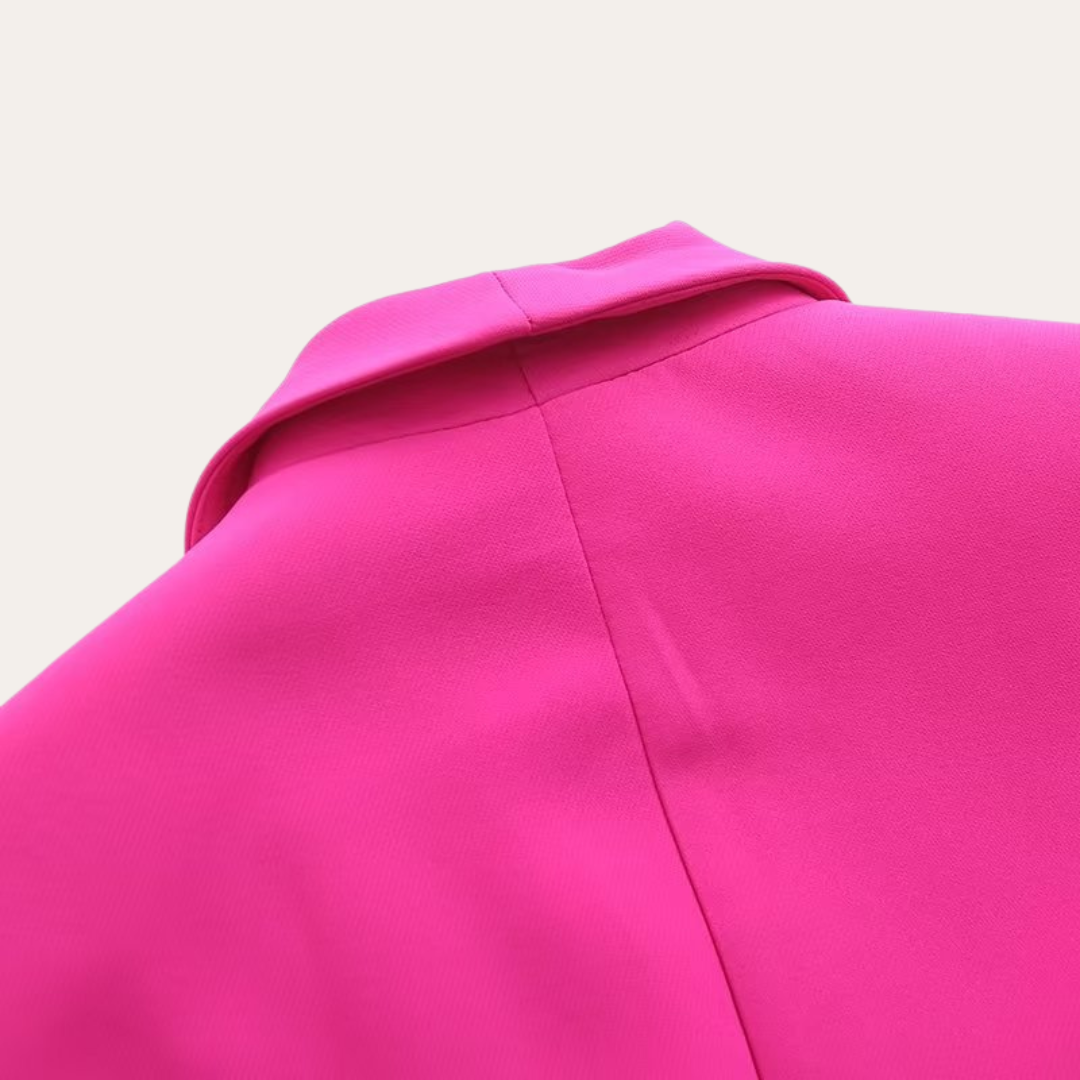 Hot Pink - Beige crepe tailored blazer featuring a shawl collar, welt pockets, and a self-tie waist belt.