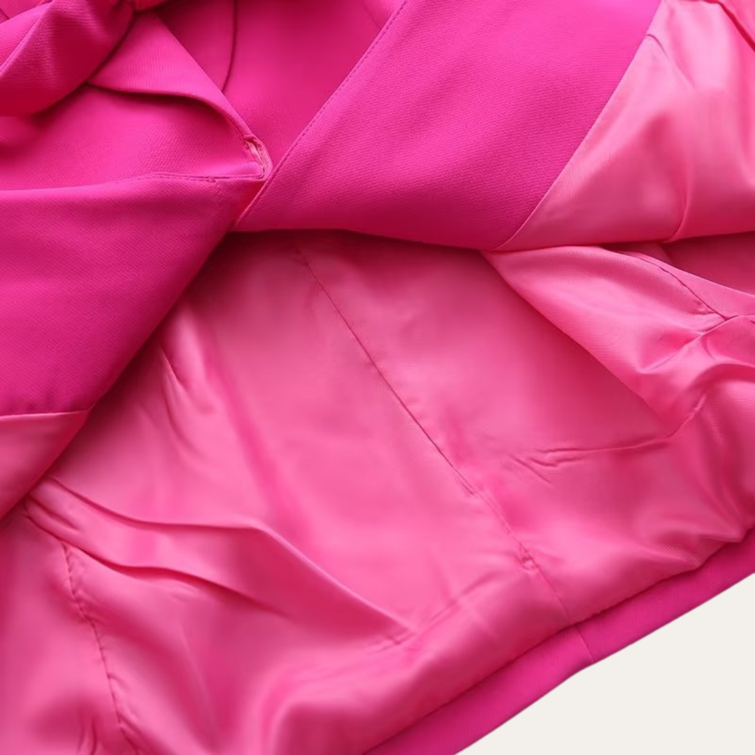 Hot Pink - Beige crepe tailored blazer featuring a shawl collar, welt pockets, and a self-tie waist belt.