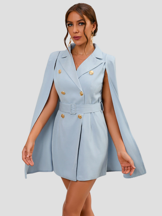 Light Blue - Light blue double-breasted mini dress with cape sleeves, notched lapels, and gold-tone buttons.