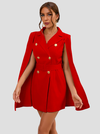 Red - Light blue double-breasted mini dress with cape sleeves, notched lapels, and gold-tone buttons.