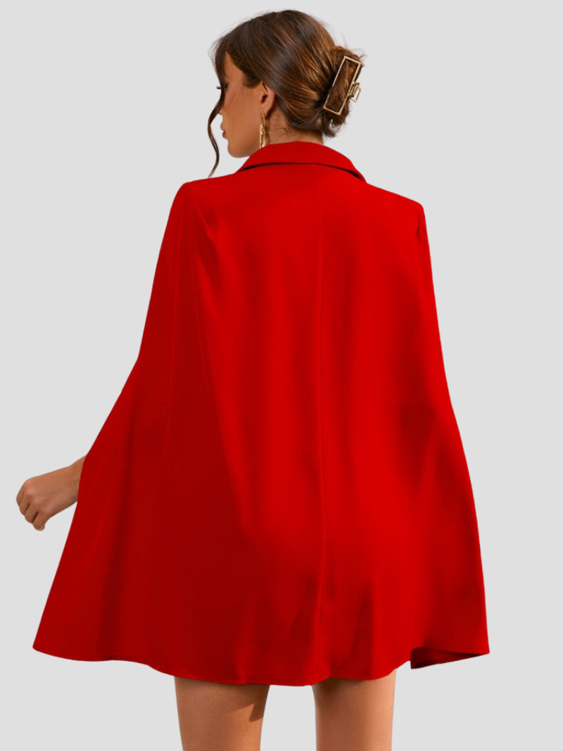 Red - Light blue double-breasted mini dress with cape sleeves, notched lapels, and gold-tone buttons.