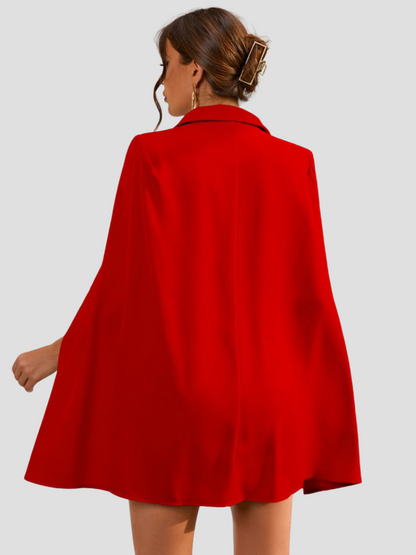 Red - Light blue double-breasted mini dress with cape sleeves, notched lapels, and gold-tone buttons.