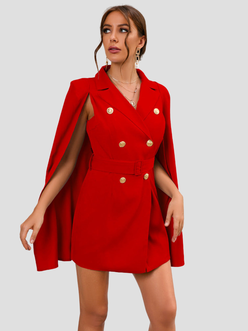 Red - Light blue double-breasted mini dress with cape sleeves, notched lapels, and gold-tone buttons.