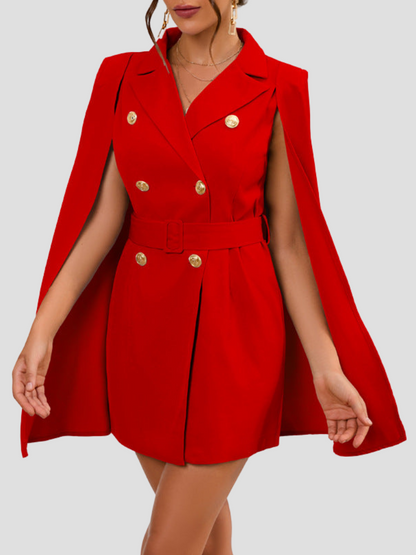 Red - Light blue double-breasted mini dress with cape sleeves, notched lapels, and gold-tone buttons.