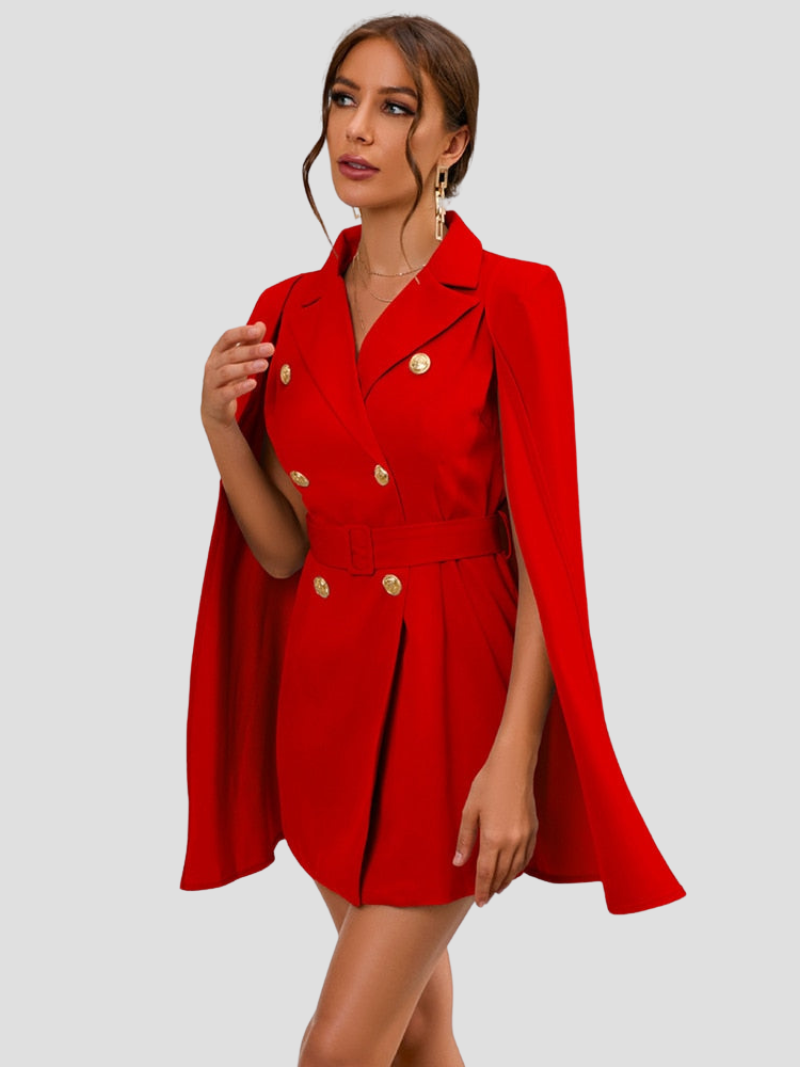 Red - Light blue double-breasted mini dress with cape sleeves, notched lapels, and gold-tone buttons.