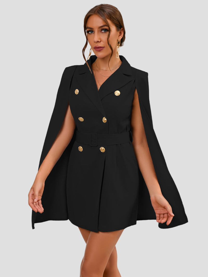 Black - Light blue double-breasted mini dress with cape sleeves, notched lapels, and gold-tone buttons.