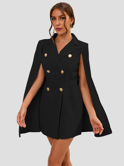 Black - Light blue double-breasted mini dress with cape sleeves, notched lapels, and gold-tone buttons.