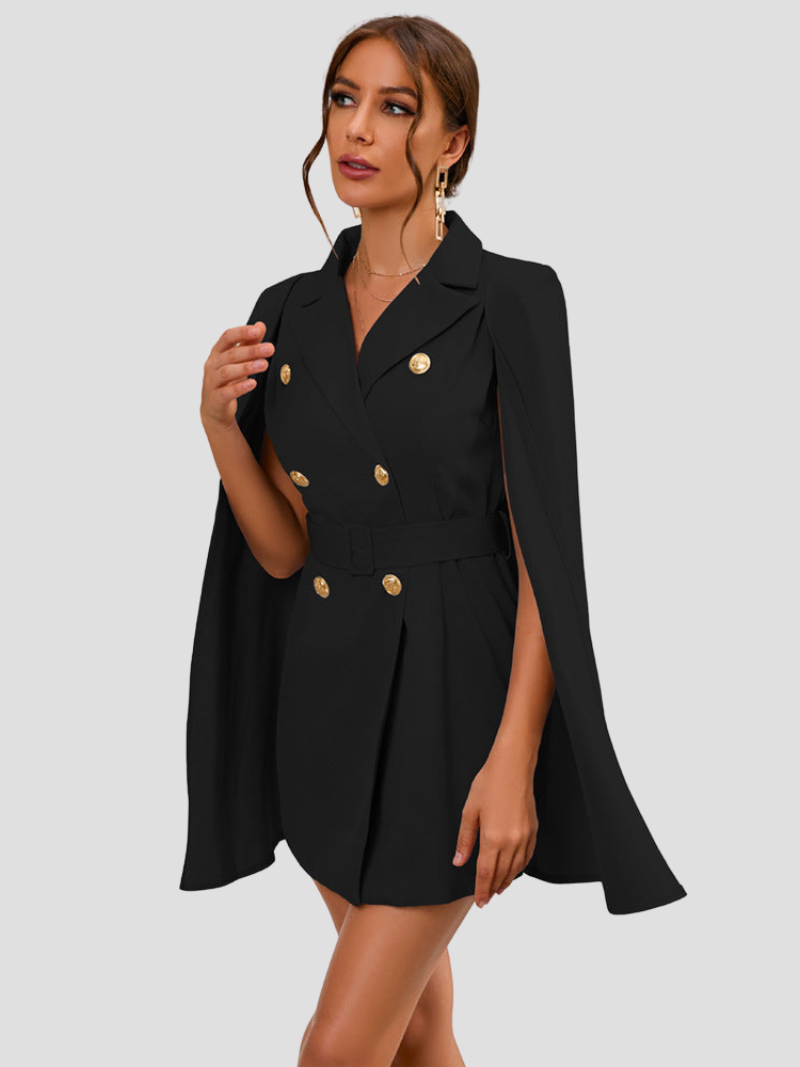 Black - Light blue double-breasted mini dress with cape sleeves, notched lapels, and gold-tone buttons.