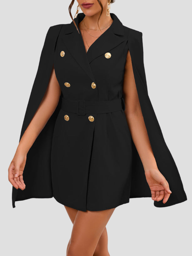 Black - Light blue double-breasted mini dress with cape sleeves, notched lapels, and gold-tone buttons.