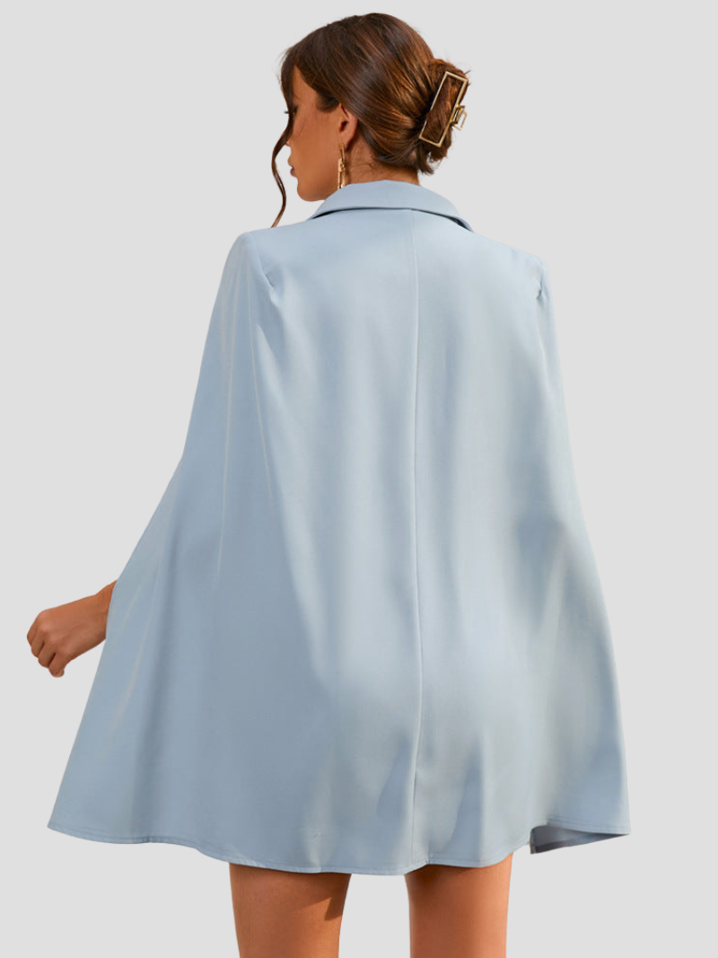 Light Blue - Light blue double-breasted mini dress with cape sleeves, notched lapels, and gold-tone buttons.