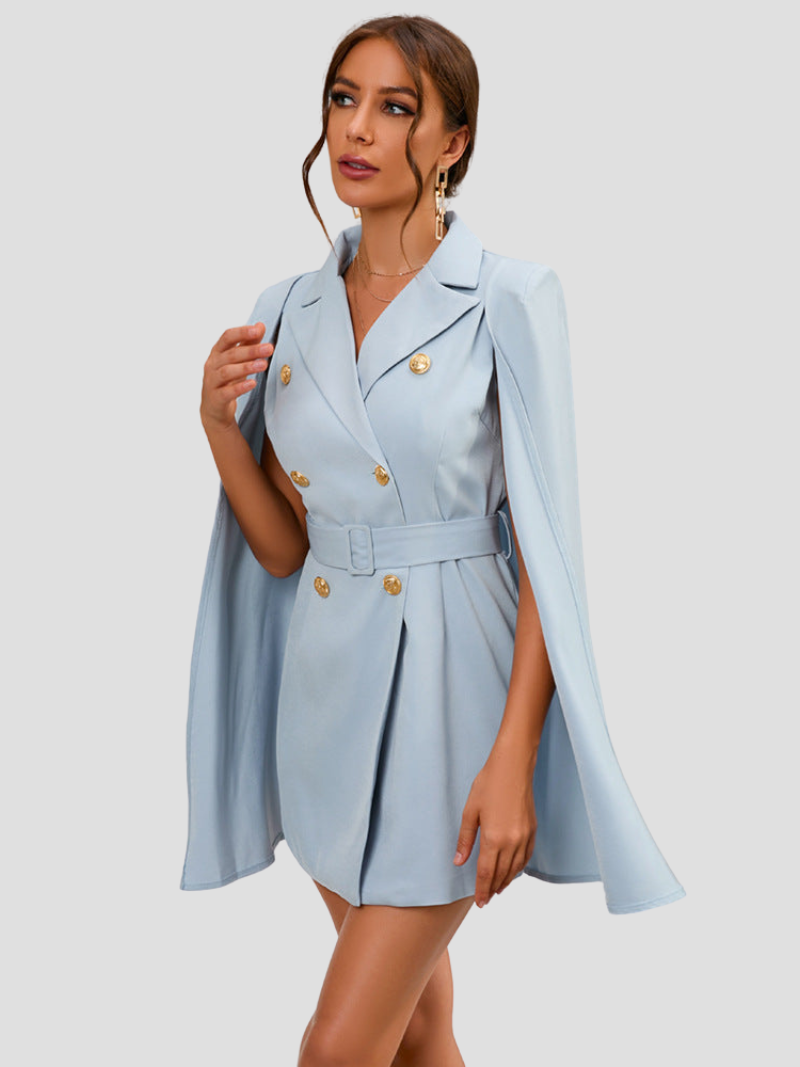 Light Blue - Light blue double-breasted mini dress with cape sleeves, notched lapels, and gold-tone buttons.