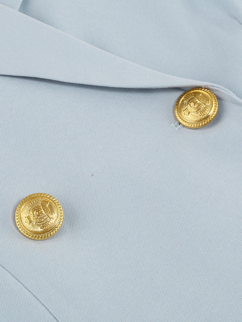 Light Blue - Light blue double-breasted mini dress with cape sleeves, notched lapels, and gold-tone buttons.