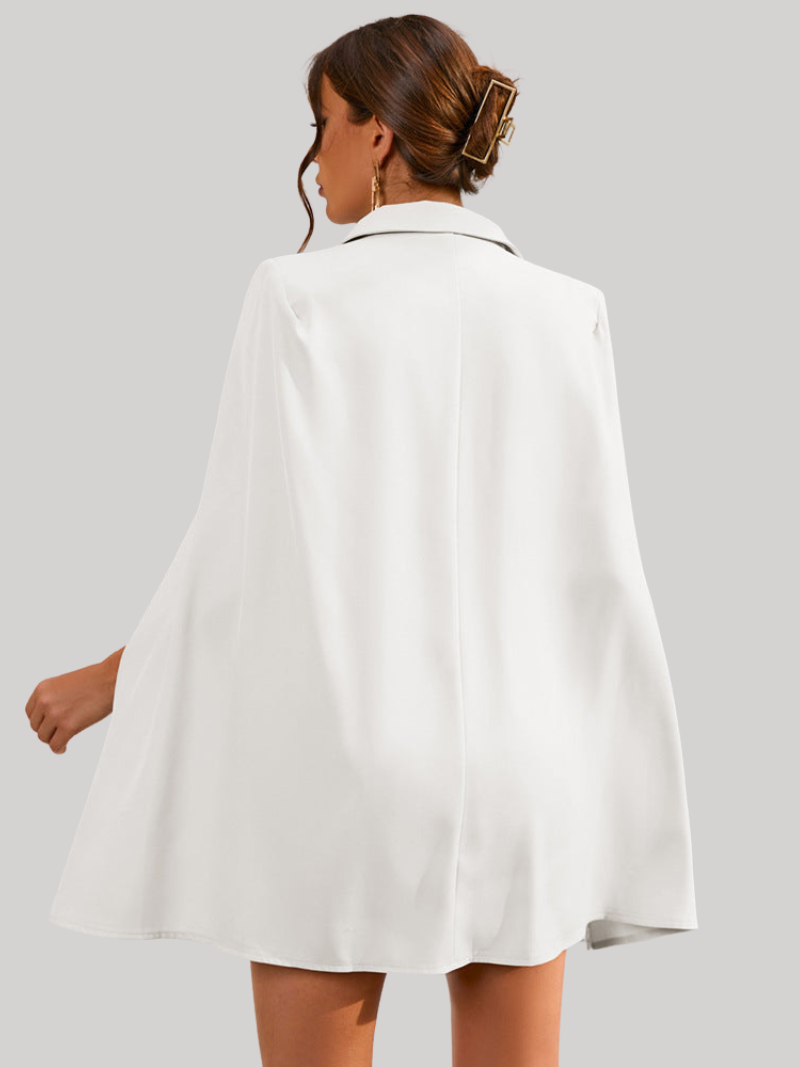 White - Light blue double-breasted mini dress with cape sleeves, notched lapels, and gold-tone buttons.