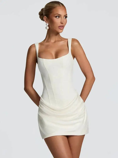 White - Dark brown crepe mini dress featuring a structured corset bodice with vertical seaming and a draped, ruched skirt.