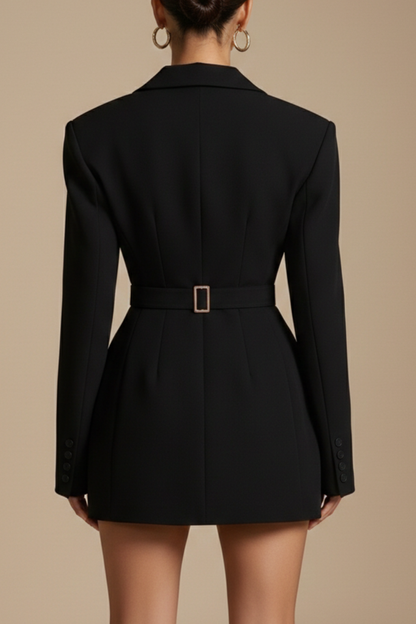 Black - Black long sleeve double-breasted mini blazer dress with peak lapels and structured shoulders.
