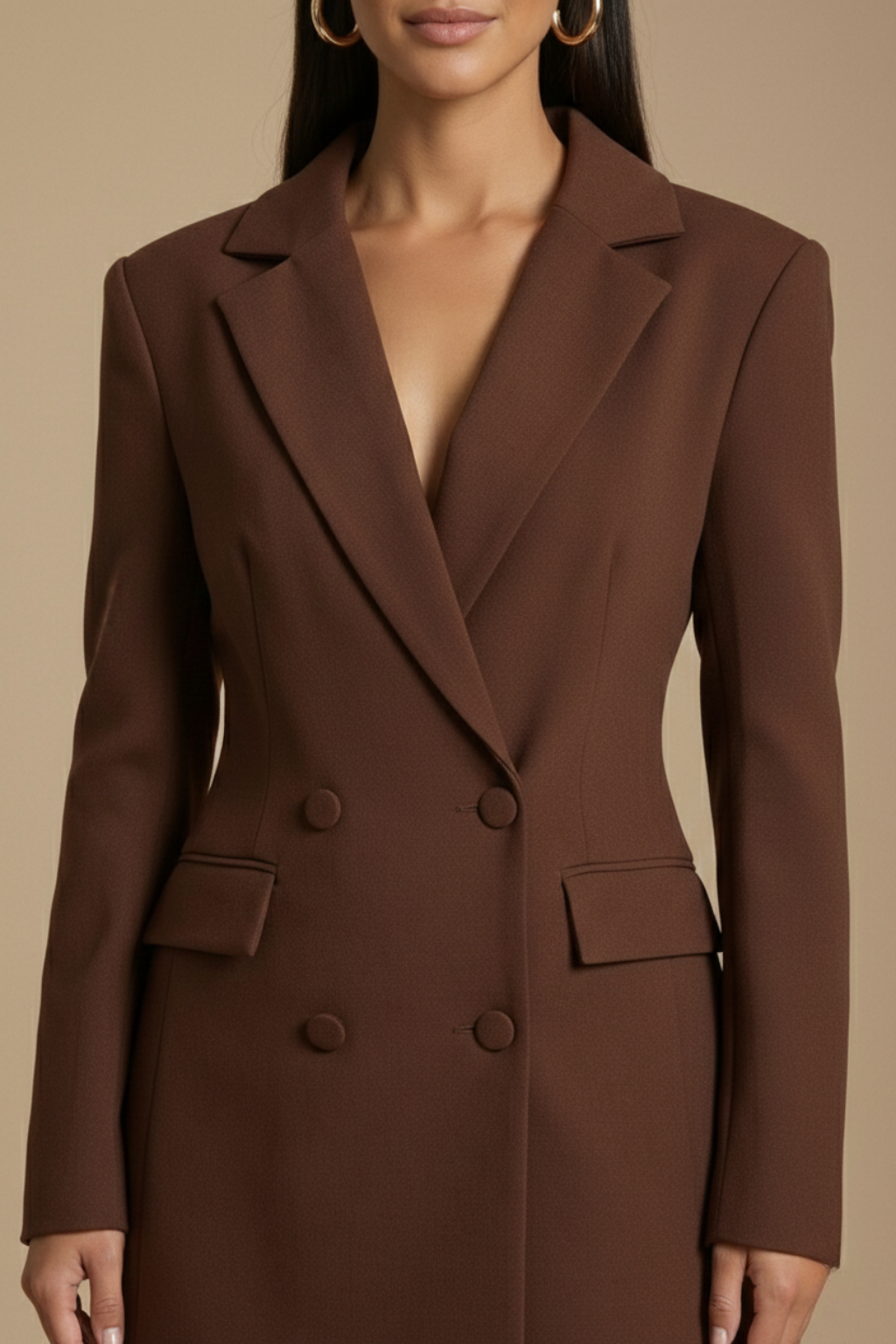 Brown - Black long sleeve double-breasted mini blazer dress with peak lapels and structured shoulders.