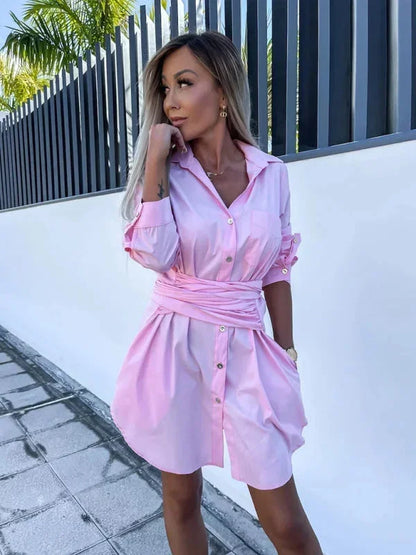 Pink - Bright green crisp button-front mini shirt dress with a point collar, rolled sleeves, and a defined tie-waist.