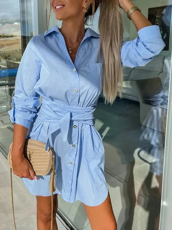 Blue - Bright green crisp button-front mini shirt dress with a point collar, rolled sleeves, and a defined tie-waist.