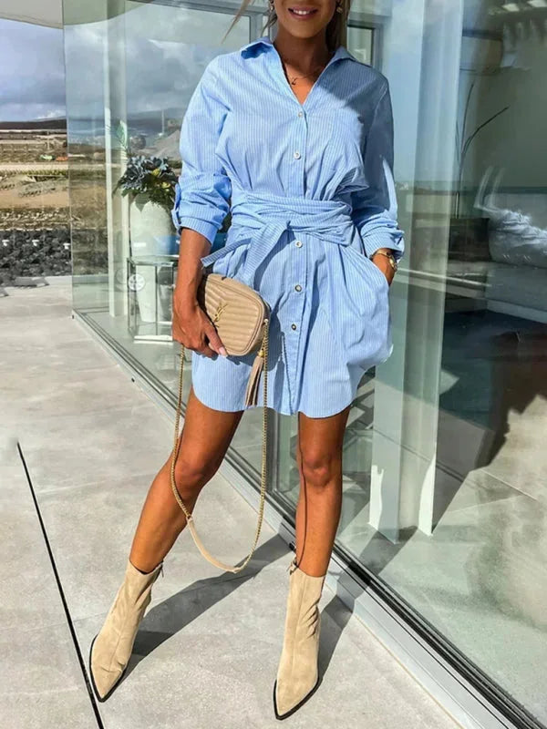 Blue - Bright green crisp button-front mini shirt dress with a point collar, rolled sleeves, and a defined tie-waist.