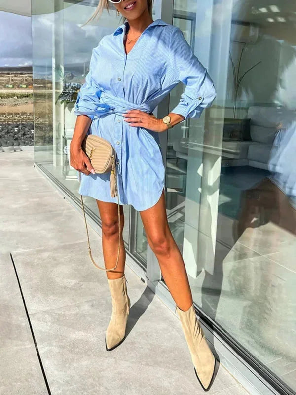 Blue - Bright green crisp button-front mini shirt dress with a point collar, rolled sleeves, and a defined tie-waist.