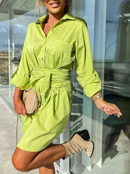 Green yellow - Bright green crisp button-front mini shirt dress with a point collar, rolled sleeves, and a defined tie-waist.