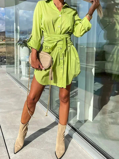 Green yellow - Bright green crisp button-front mini shirt dress with a point collar, rolled sleeves, and a defined tie-waist.