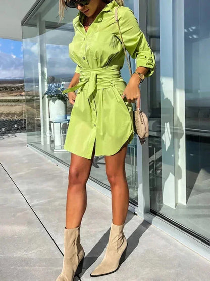 Green yellow - Bright green crisp button-front mini shirt dress with a point collar, rolled sleeves, and a defined tie-waist.