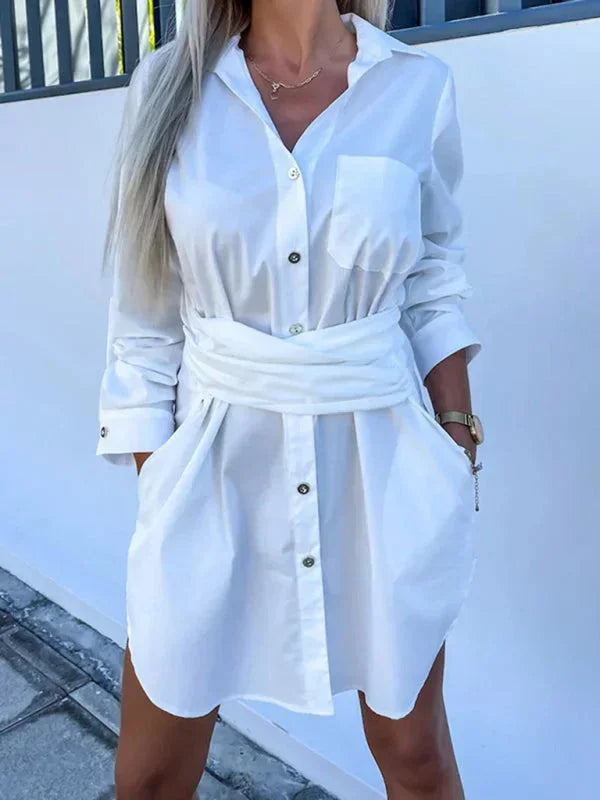 White - Bright green crisp button-front mini shirt dress with a point collar, rolled sleeves, and a defined tie-waist.