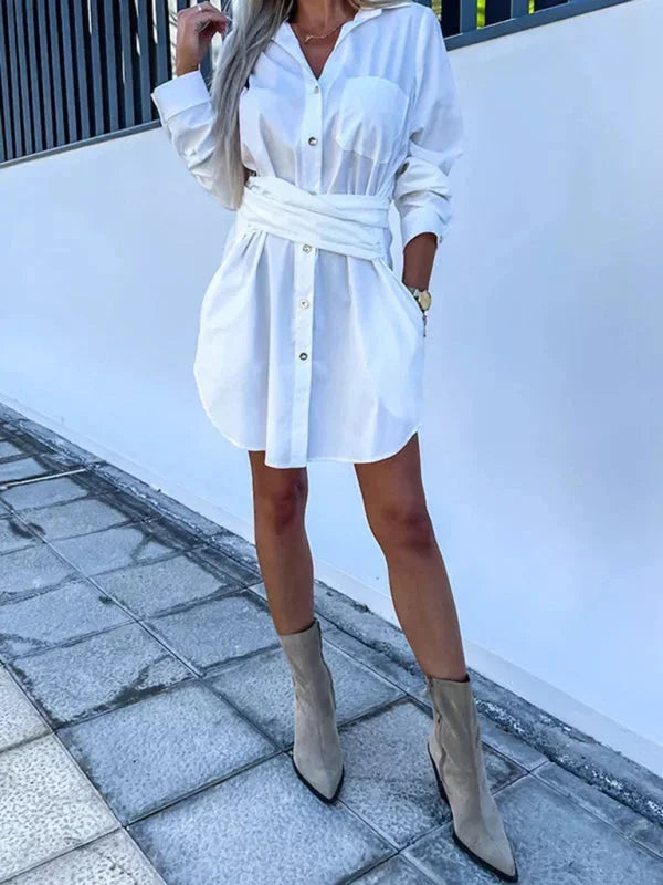 White - Bright green crisp button-front mini shirt dress with a point collar, rolled sleeves, and a defined tie-waist.