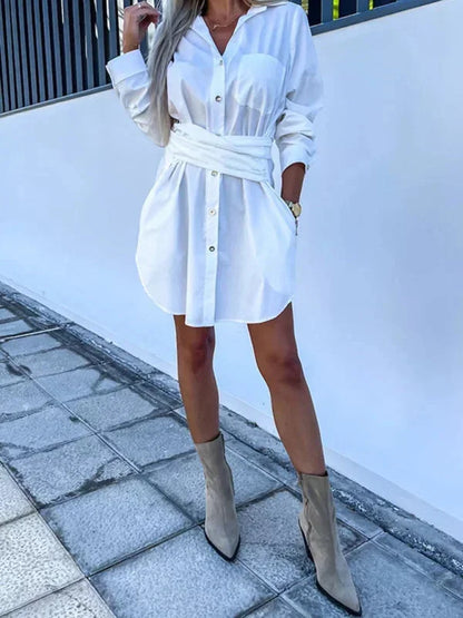 White - Bright green crisp button-front mini shirt dress with a point collar, rolled sleeves, and a defined tie-waist.