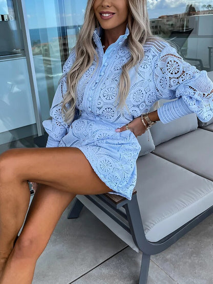 Beige - White large-scale medallion crochet romper with long balloon sleeves, pointed collar, fabric-covered button placket, and high-waisted relaxed shorts.