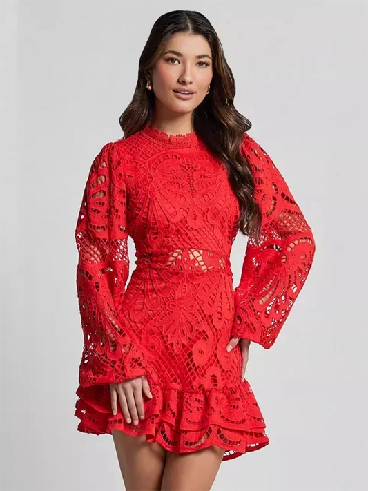 Red - Red crochet lace mini dress with high neckline, long bell sleeves, waist cutouts, and a tiered ruffle skirt.