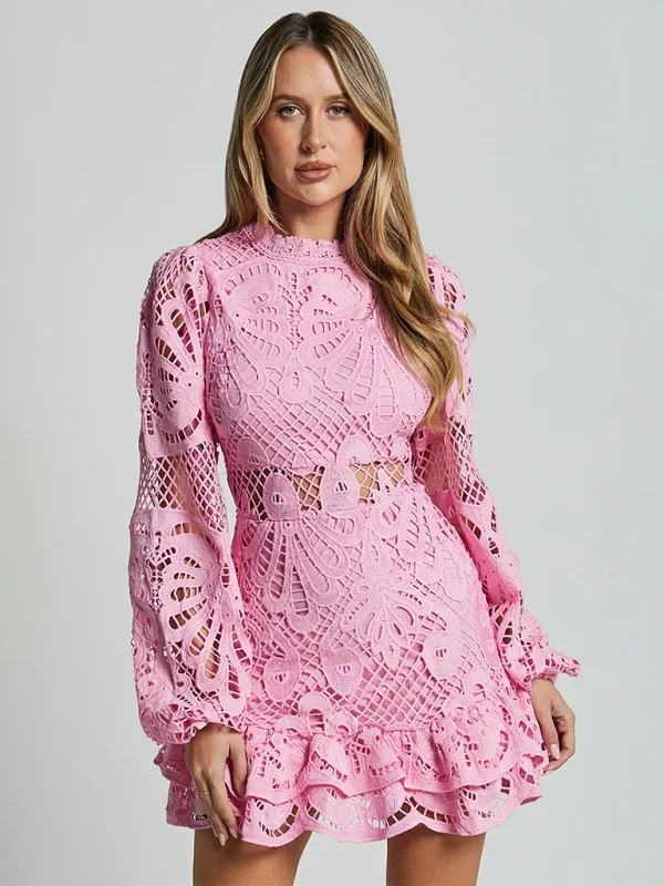 Pink - Red crochet lace mini dress with high neckline, long bell sleeves, waist cutouts, and a tiered ruffle skirt.